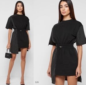 Maniere De Voir Pinstripe Asymmetric Mini Dress